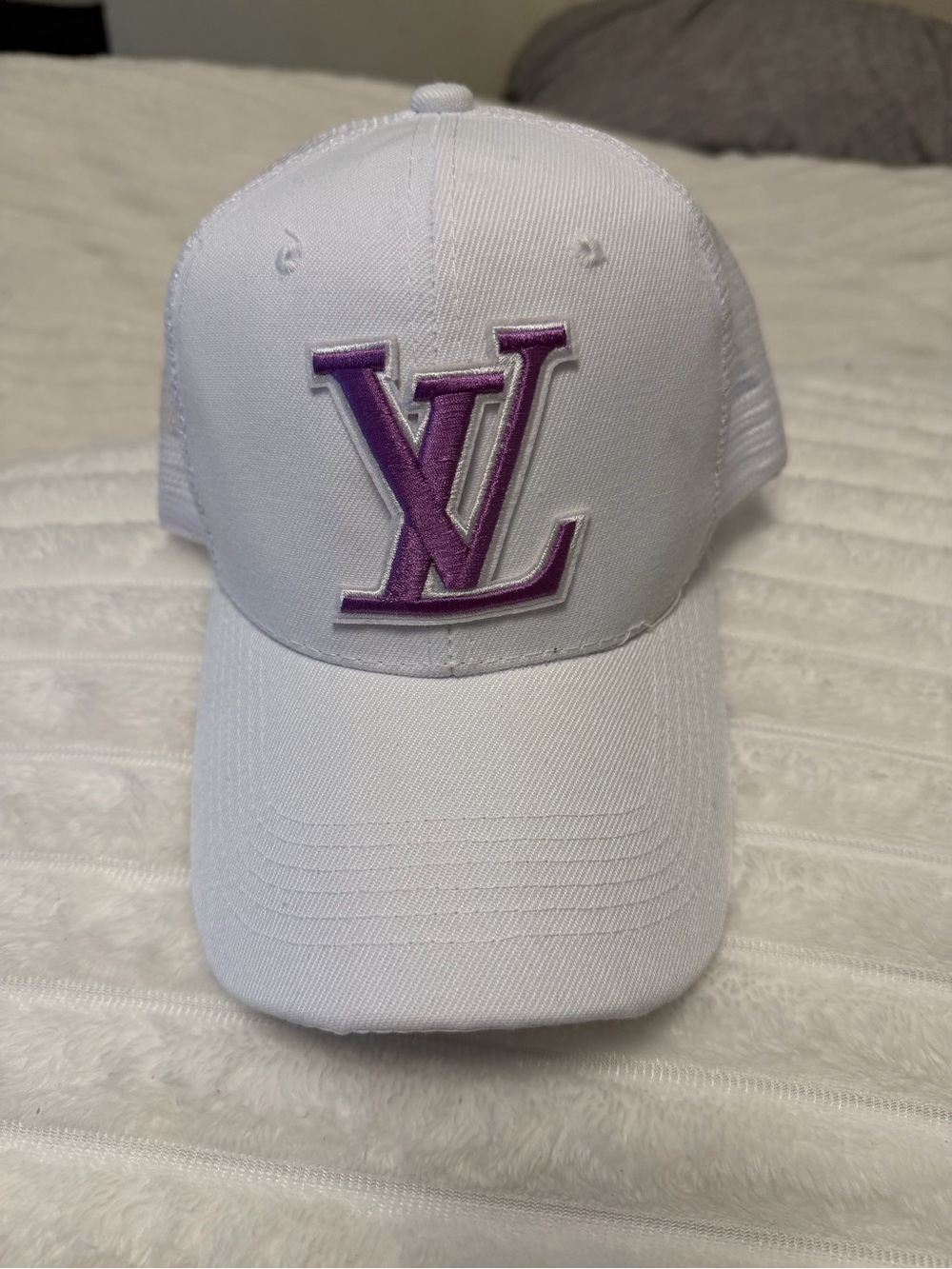 White Trucker Cap with Purple LV Logo - Designer Style FASHION HAT